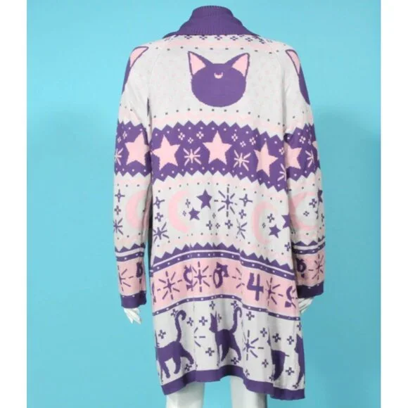Sailor Moon Luna TORRID Fairisle Open Cardigan Sz 1 Pockets Pink/Grey/Purple 062 - Picture 1 of 5